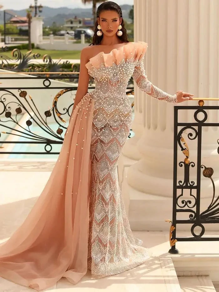 Luxury Designer Pearls Beaded One-Shoulder Evening Dress LA71649 - SERENE HILL