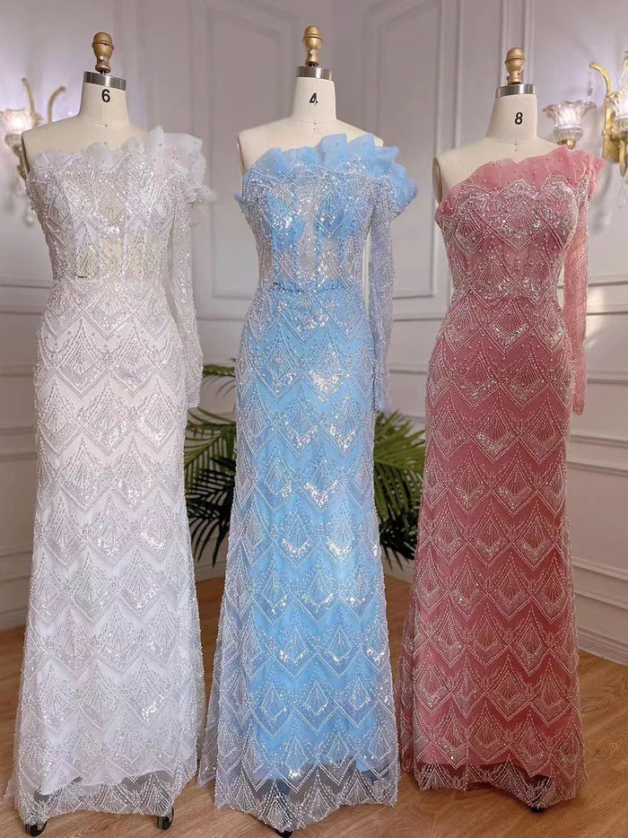 Luxury Designer Pearls Beaded One-Shoulder Evening Dress LA71649 - SERENE HILL