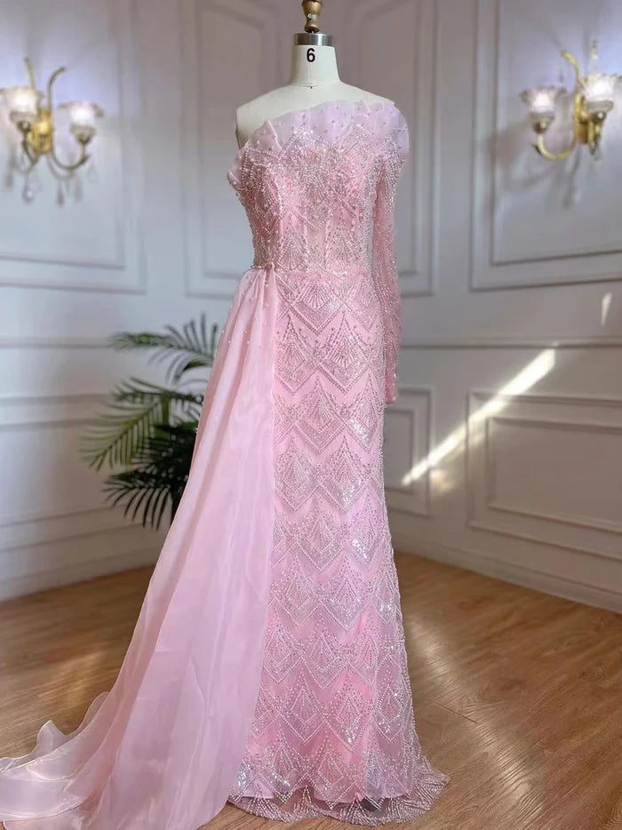Luxury Designer Pearls Beaded One-Shoulder Evening Dress LA71649 - SERENE HILL