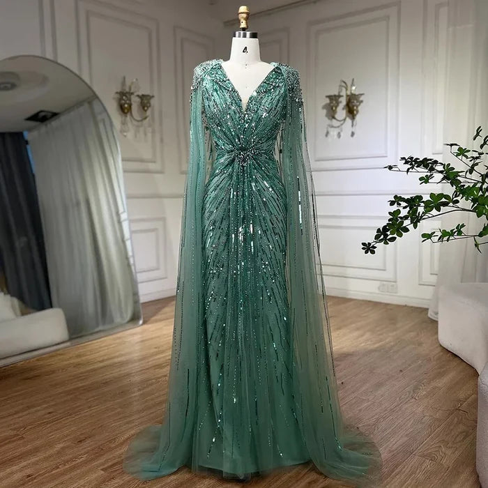 Luxury Designer Turquoise Mermaid Beaded Evening Dress with Cape LA72168A - SERENE HILL