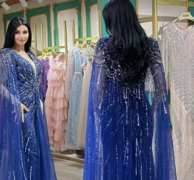 Luxury Designer Turquoise Mermaid Beaded Evening Dress with Cape LA72168A - SERENE HILL