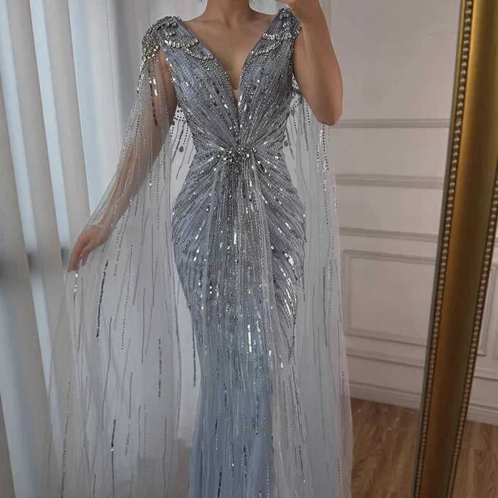 Luxury Designer Turquoise Mermaid Beaded Evening Dress with Cape LA72168A - SERENE HILL