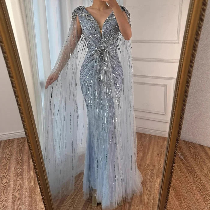 Luxury Designer Turquoise Mermaid Beaded Evening Dress with Cape LA72168A - SERENE HILL
