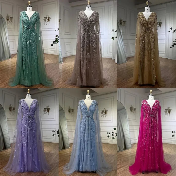 Luxury Designer Turquoise Mermaid Beaded Evening Dress with Cape LA72168A - SERENE HILL