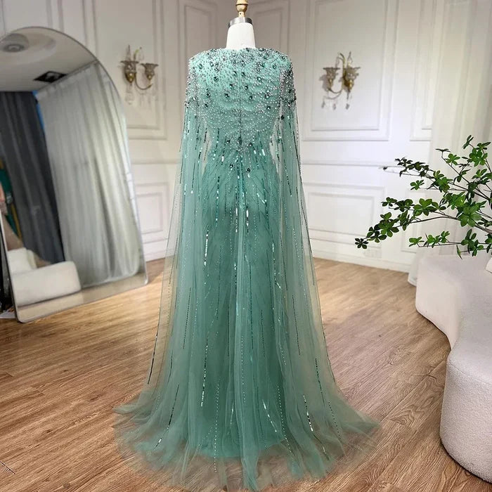 Luxury Designer Turquoise Mermaid Beaded Evening Dress with Cape LA72168A - SERENE HILL