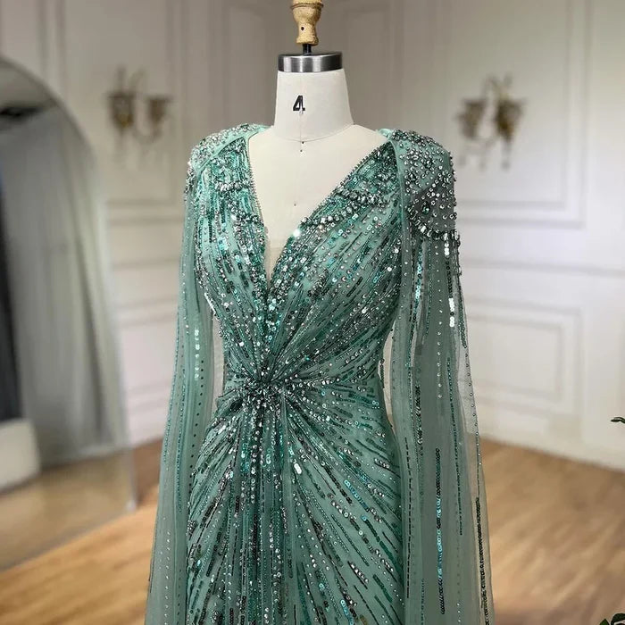 Luxury Designer Turquoise Mermaid Beaded Evening Dress with Cape LA72168A - SERENE HILL
