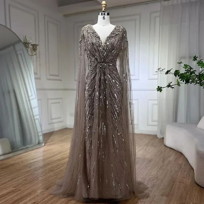 Luxury Designer Turquoise Mermaid Beaded Evening Dress with Cape LA72168A - SERENE HILL