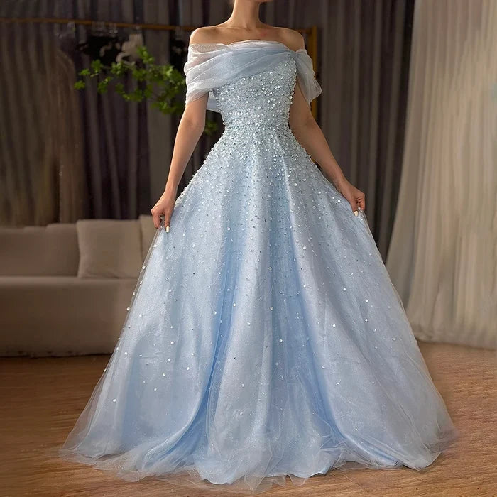 Luxury Dubai Arabic Blue Off Shoulder Beaded A Line Evening Dress LA72009A - SERENE  HILL