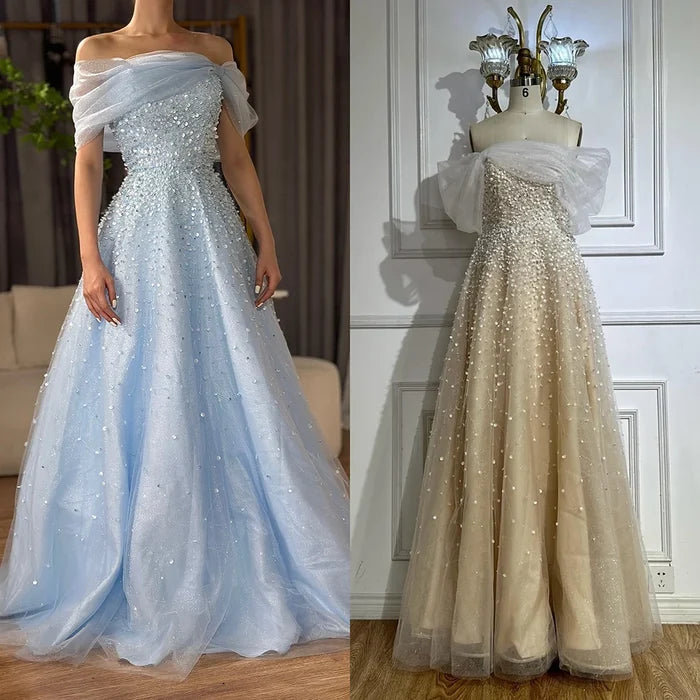 Luxury Dubai Arabic Blue Off Shoulder Beaded A Line Evening Dress LA72009A - SERENE  HILL
