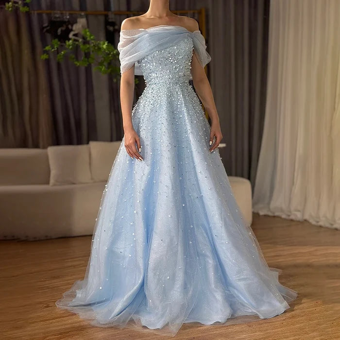 Luxury Dubai Arabic Blue Off Shoulder Beaded A Line Evening Dress LA72009A - SERENE  HILL