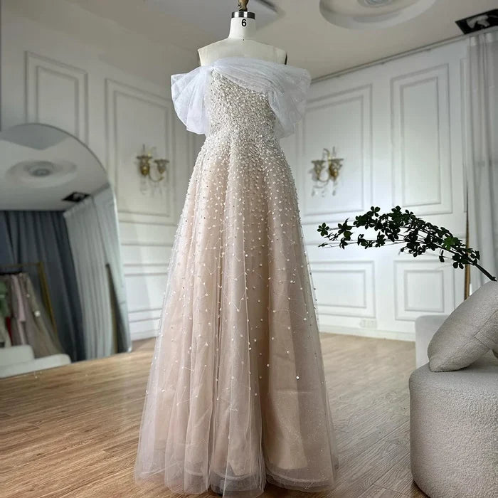 Luxury Dubai Arabic Blue Off Shoulder Beaded A Line Evening Dress LA72009A - SERENE  HILL