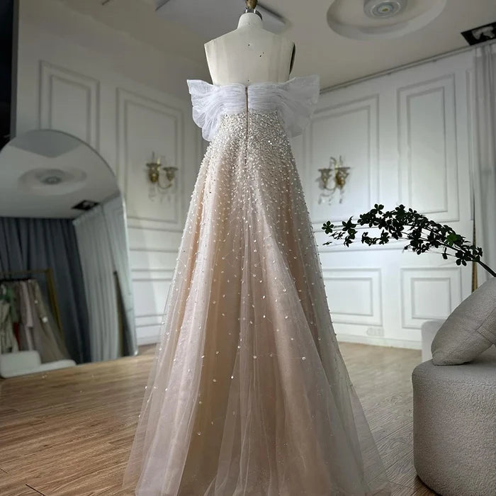 Luxury Dubai Arabic Blue Off Shoulder Beaded A Line Evening Dress LA72009A - SERENE  HILL