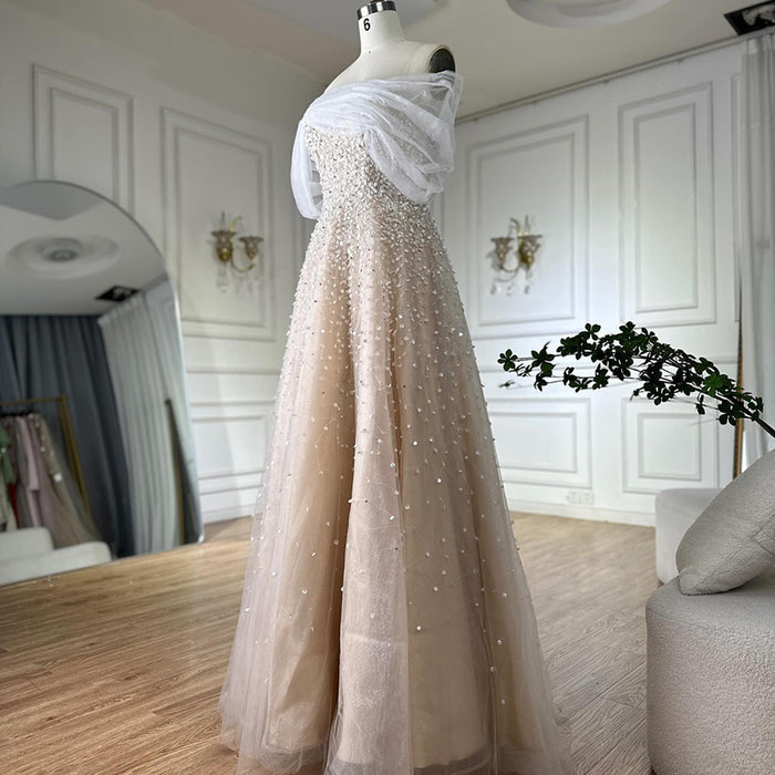 Luxury Dubai Arabic Blue Off Shoulder Beaded A Line Evening Dress LA72009A - SERENE  HILL