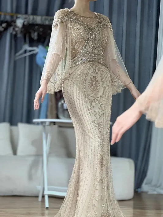 Luxury Dubai Arabic Gold Elegant Mermaid Beaded Long Evening Dresses Gowns for Formal Occasion LA72749 - SERENE HILL