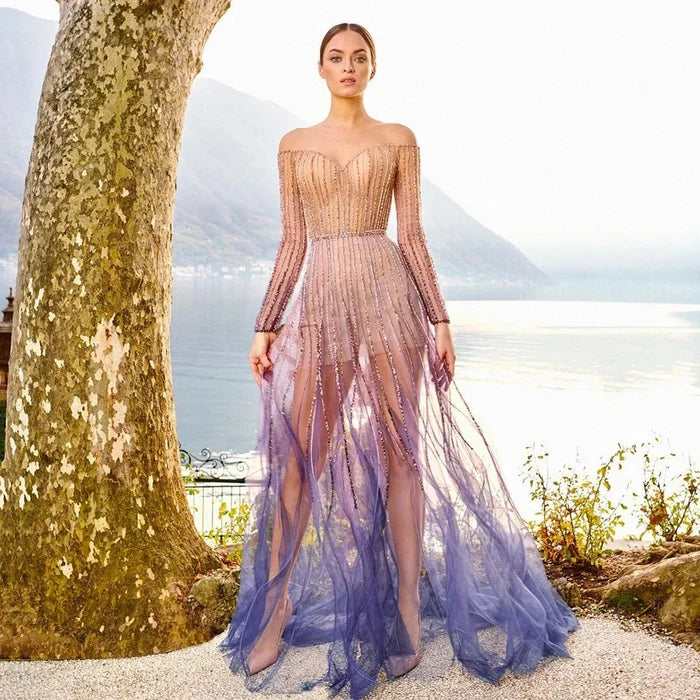 Luxury Dubai Arabic Purple Elegant A-Line Beaded Long Evening Dresses Gowns for Formal Occasion LA72752 - SERENE HILL