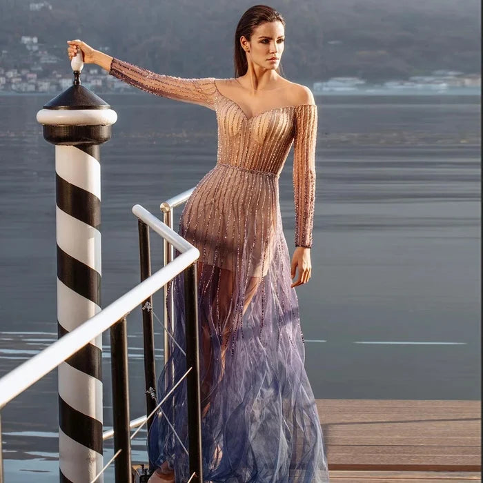 Luxury Dubai Arabic Purple Elegant A-Line Beaded Long Evening Dresses Gowns for Formal Occasion LA72752 - SERENE HILL