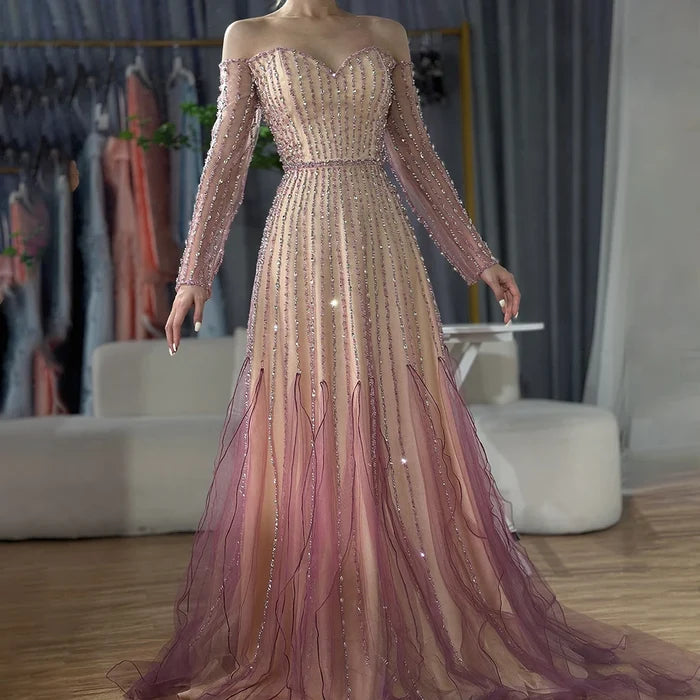 Luxury Dubai Arabic Purple Elegant A-Line Beaded Long Evening Dresses Gowns for Formal Occasion LA72752 - SERENE HILL
