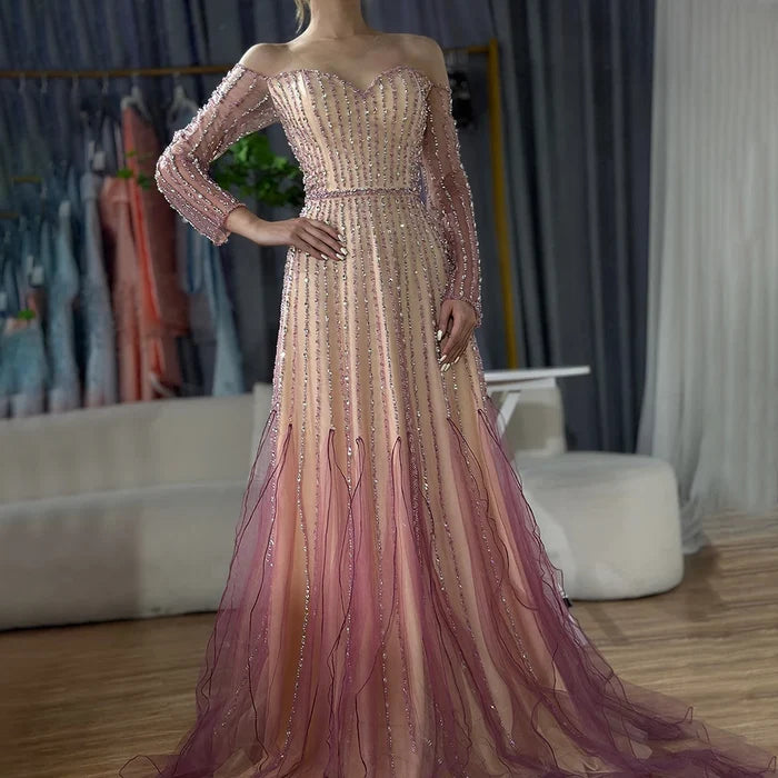 Luxury Dubai Arabic Purple Elegant A-Line Beaded Long Evening Dresses Gowns for Formal Occasion LA72752 - SERENE HILL
