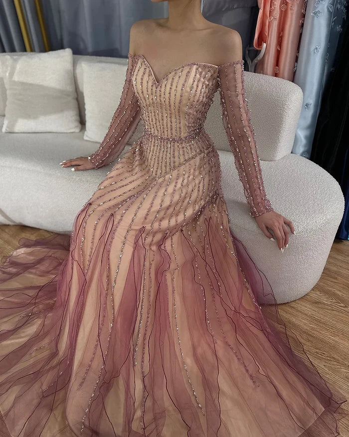 Luxury Dubai Arabic Purple Elegant A-Line Beaded Long Evening Dresses Gowns for Formal Occasion LA72752 - SERENE HILL