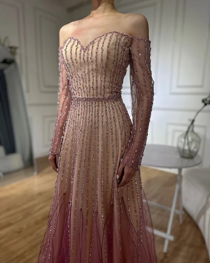 Luxury Dubai Arabic Purple Elegant A-Line Beaded Long Evening Dresses Gowns for Formal Occasion LA72752 - SERENE HILL
