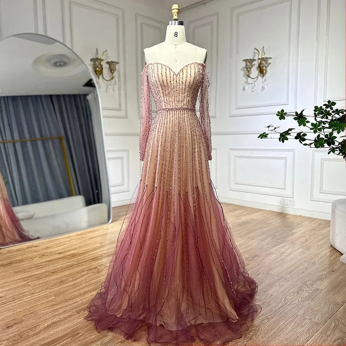 Luxury Dubai Arabic Purple Elegant A-Line Beaded Long Evening Dresses Gowns for Formal Occasion LA72752 - SERENE HILL