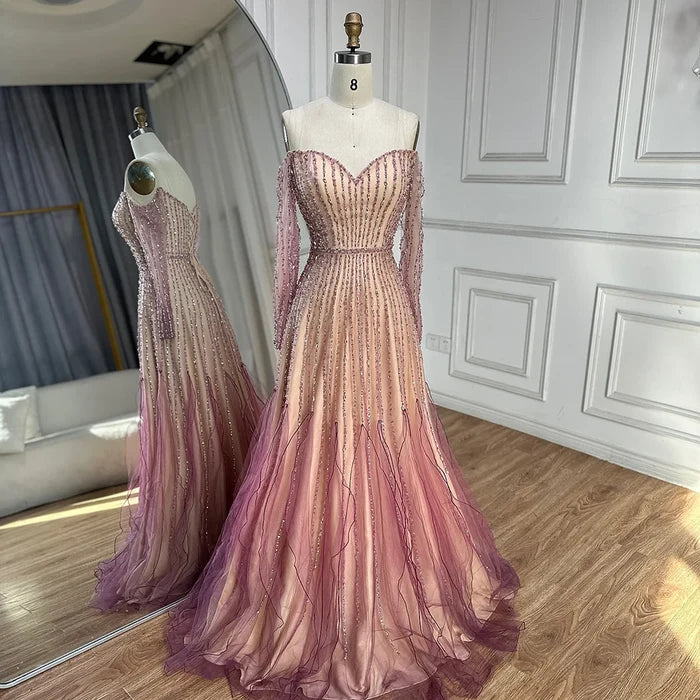 Luxury Dubai Arabic Purple Elegant A-Line Beaded Long Evening Dresses Gowns for Formal Occasion LA72752 - SERENE HILL