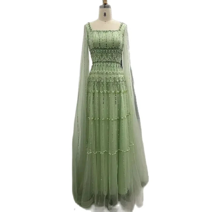 Luxury Dubai Arabic Sage Green Evening Gown with Cape Sleeves LA72595 - SERENE HILL