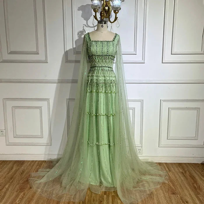 Luxury Dubai Arabic Sage Green Evening Gown with Cape Sleeves LA72595 - SERENE HILL