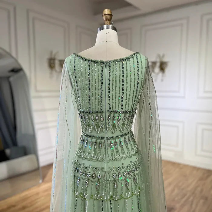 Luxury Dubai Arabic Sage Green Evening Gown with Cape Sleeves LA72595 - SERENE HILL