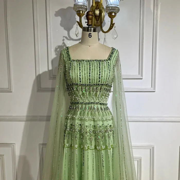 Luxury Dubai Arabic Sage Green Evening Gown with Cape Sleeves LA72595 - SERENE HILL