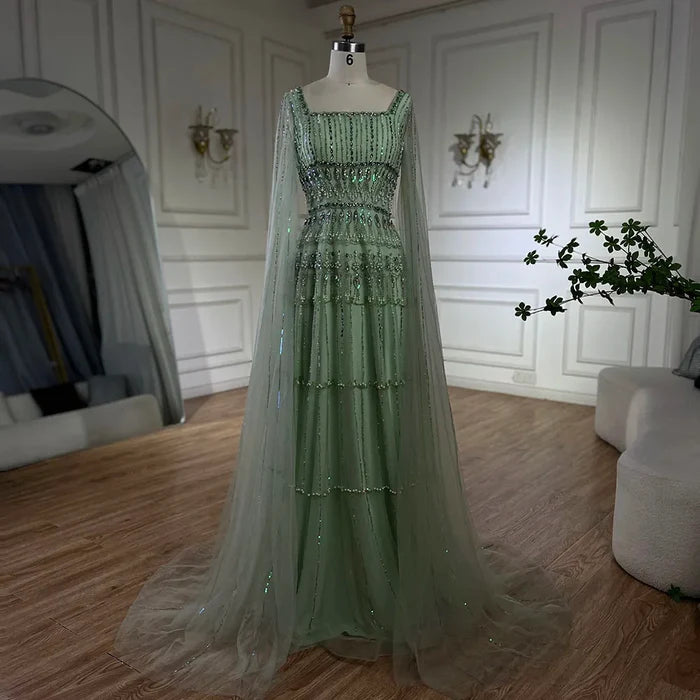 Luxury Dubai Arabic Sage Green Evening Gown with Cape Sleeves LA72595 - SERENE HILL