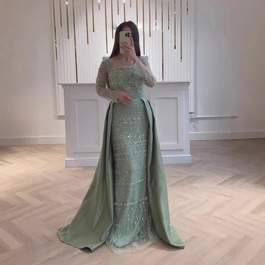 Luxury Dubai Arabic Sage Green Mermaid Evening Dress Gowns for Party LA72126A - SERENE HILL