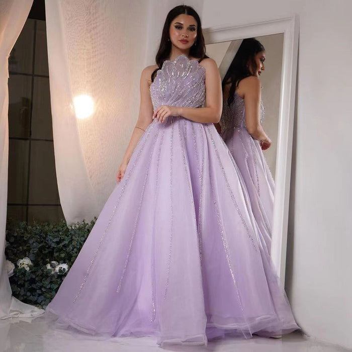 Luxury Dubai Beaded Lilac Evening Dress Elegant Scalloped LA71643 - SERENE HILL