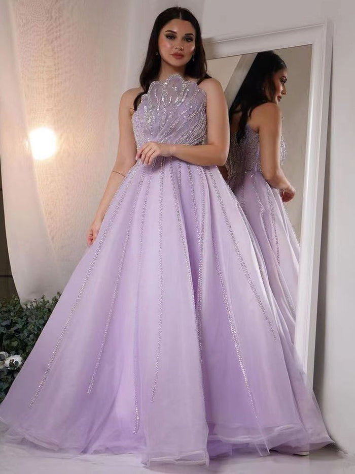Luxury Dubai Beaded Lilac Evening Dress Elegant Scalloped LA71643 - SERENE HILL