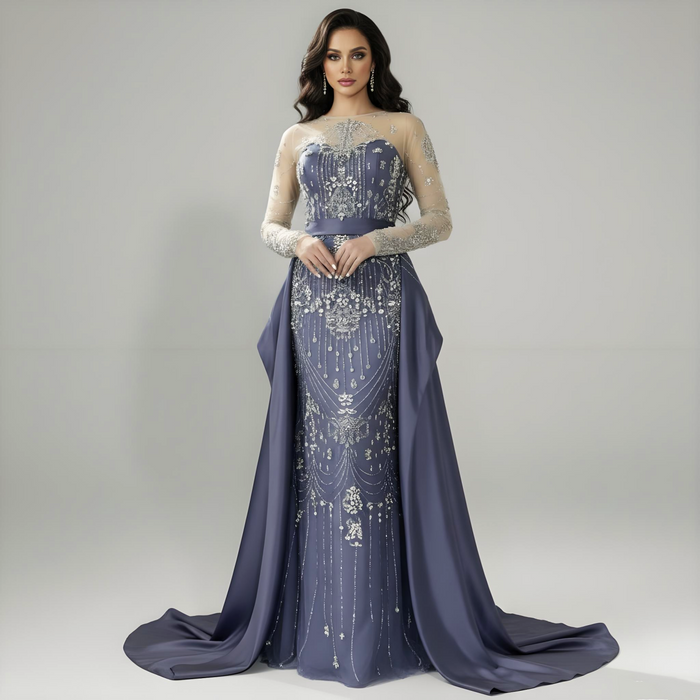 Luxury Dubai Blue Crystal Beaded Evening Dress with Overskirt LA72757 - SERENE HILL