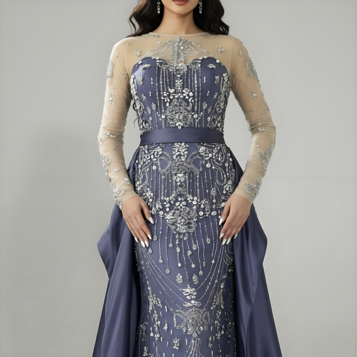 Luxury Dubai Blue Crystal Beaded Evening Dress with Overskirt LA72757 - SERENE HILL