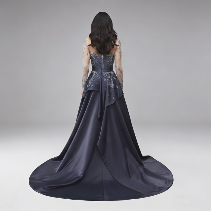 Luxury Dubai Blue Crystal Beaded Evening Dress with Overskirt LA72757 - SERENE HILL