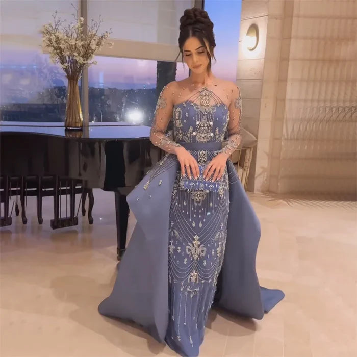Luxury Dubai Blue Crystal Beaded Evening Dress with Overskirt LA72757 - SERENE HILL