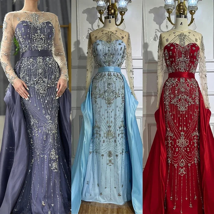 Luxury Dubai Blue Crystal Beaded Evening Dress with Overskirt LA72757 - SERENE HILL