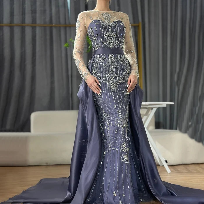 Luxury Dubai Blue Crystal Beaded Evening Dress with Overskirt LA72757 - SERENE HILL