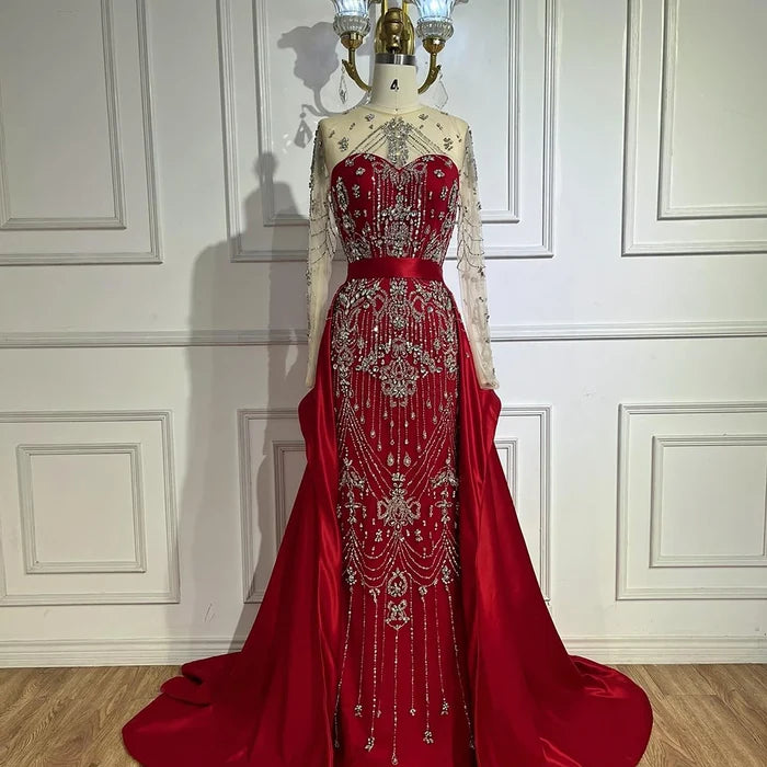 Luxury Dubai Blue Crystal Beaded Evening Dress with Overskirt LA72757 - SERENE HILL