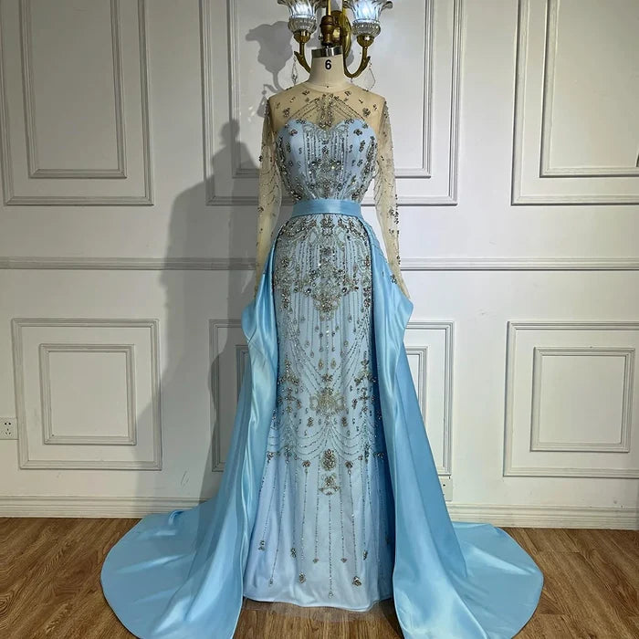 Luxury Dubai Blue Crystal Beaded Evening Dress with Overskirt LA72757 - SERENE HILL