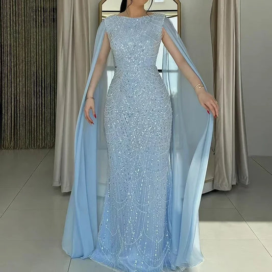 Luxury Dubai Blue Mermaid Cape Sleeve Beaded Evening Gown LA72160A - SERENE HILL