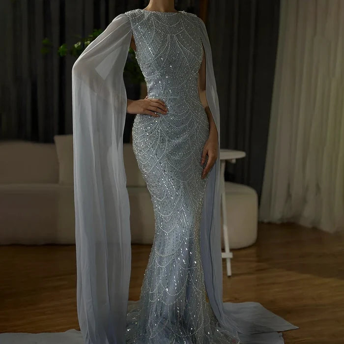 Luxury Dubai Blue Mermaid Cape Sleeve Beaded Evening Gown LA72160A - SERENE HILL