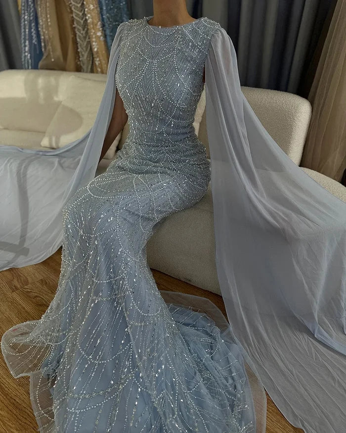 Luxury Dubai Blue Mermaid Cape Sleeve Beaded Evening Gown LA72160A - SERENE HILL
