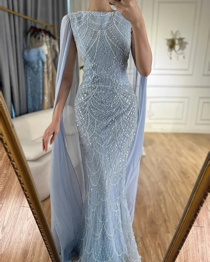 Luxury Dubai Blue Mermaid Cape Sleeve Beaded Evening Gown LA72160A - SERENE HILL