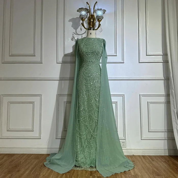 Luxury Dubai Blue Mermaid Cape Sleeve Beaded Evening Gown LA72160A - SERENE HILL