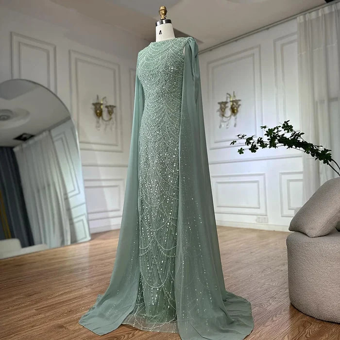 Luxury Dubai Blue Mermaid Cape Sleeve Beaded Evening Gown LA72160A - SERENE HILL