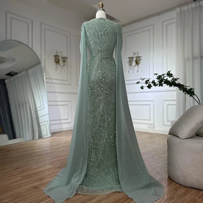 Luxury Dubai Blue Mermaid Cape Sleeve Beaded Evening Gown LA72160A - SERENE HILL