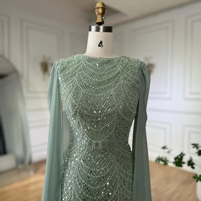 Luxury Dubai Blue Mermaid Cape Sleeve Beaded Evening Gown LA72160A - SERENE HILL